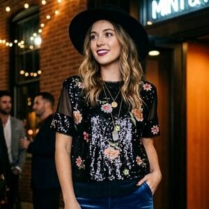 Zara S Vintage Y2K Bohemian Glam Artsy Coachella Sequins Floral Embroidered Top